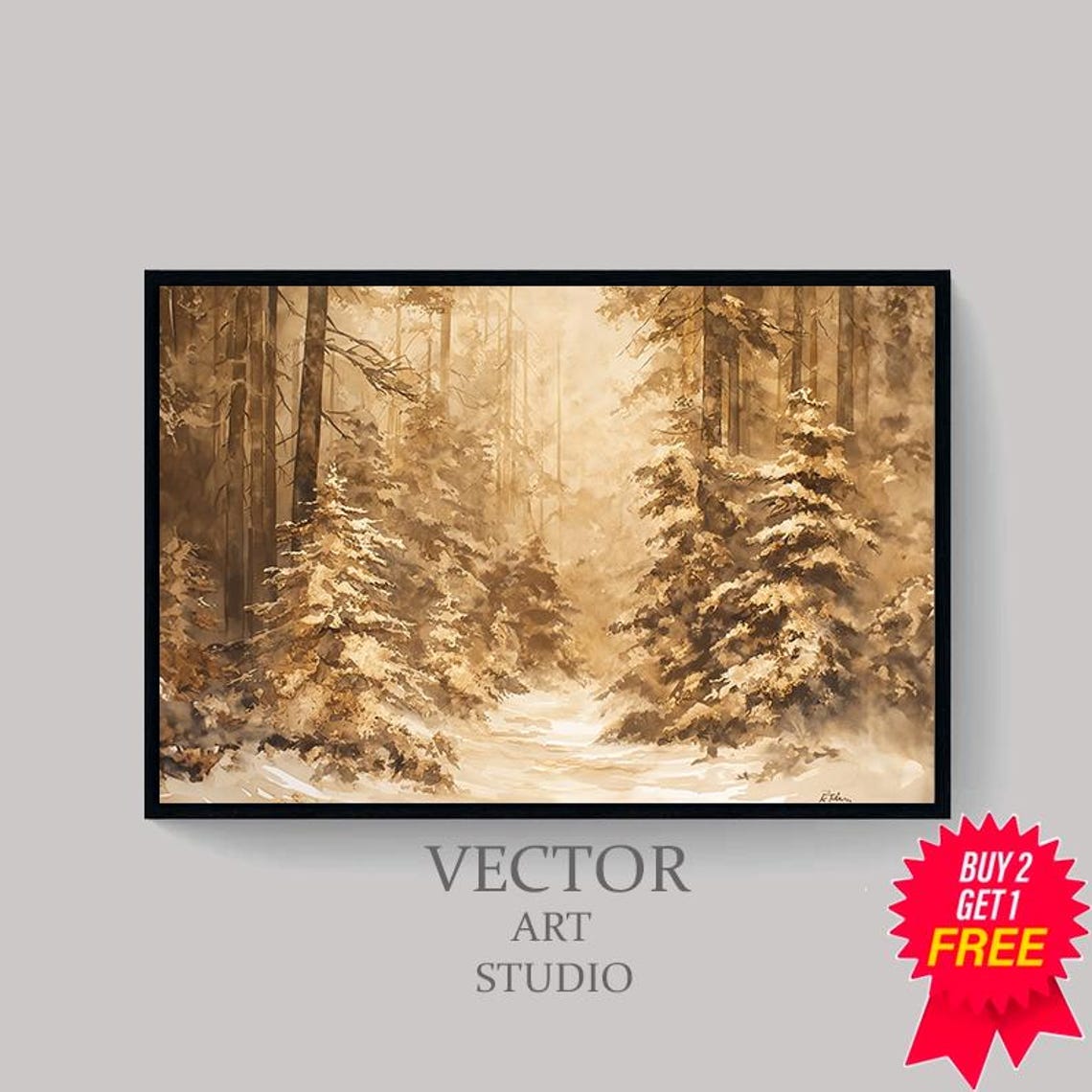 Vintage Winter Sketch Flocked Snowy Trees Vintage Art - Image 4