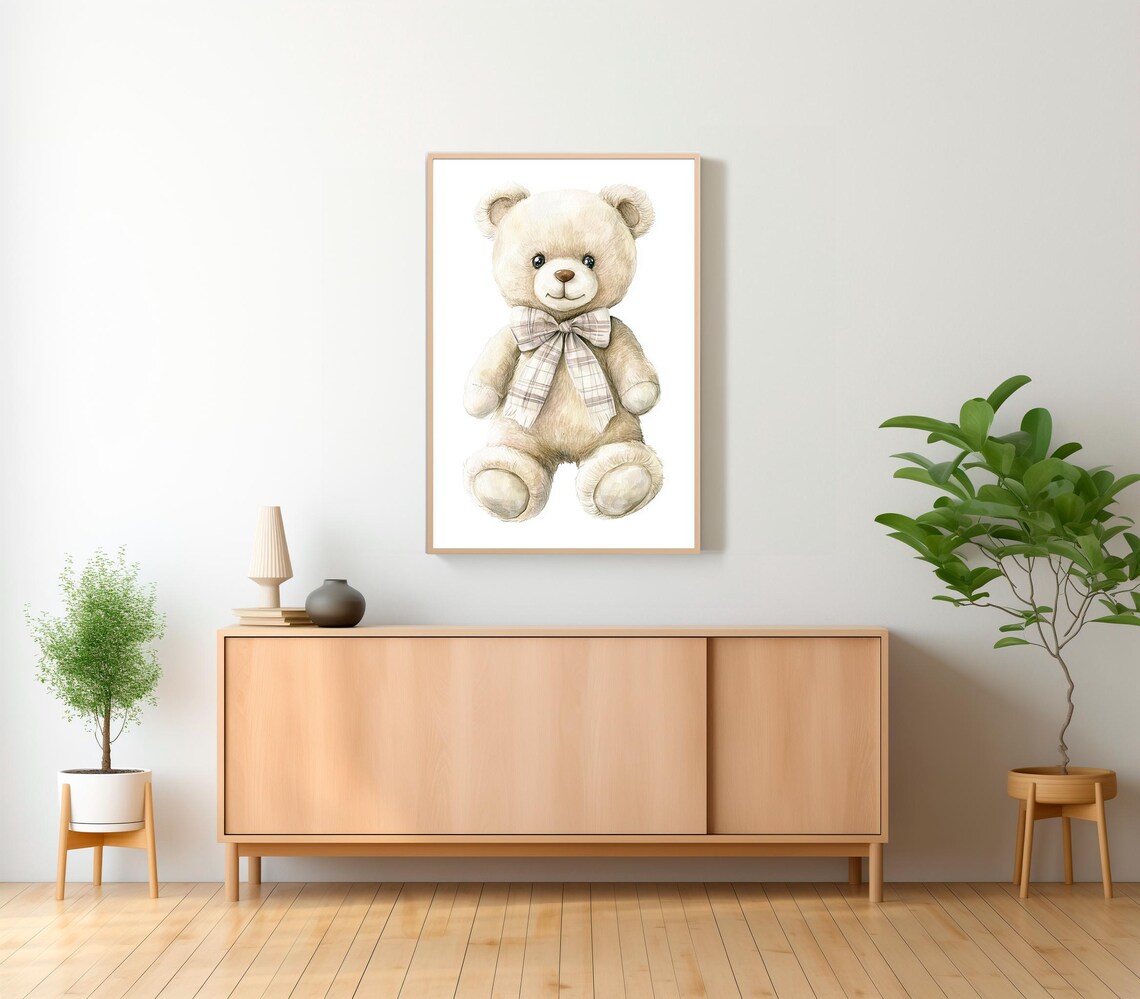 Teddy Bear Wearing A Plaid Bow Tie Nursery Watercolor Poster - Image 2