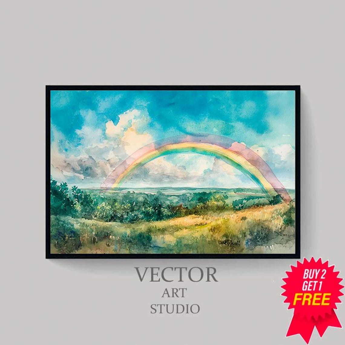 Full Rainbow Arc Over Green Valley Watercolor Landscape Wall Art - Image 4