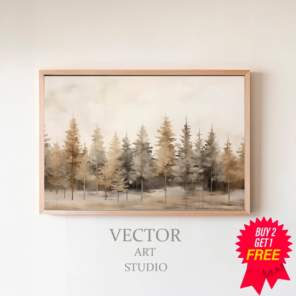 Misty Pine Forest in Soft Gray Beige Watercolor Landscape Poster