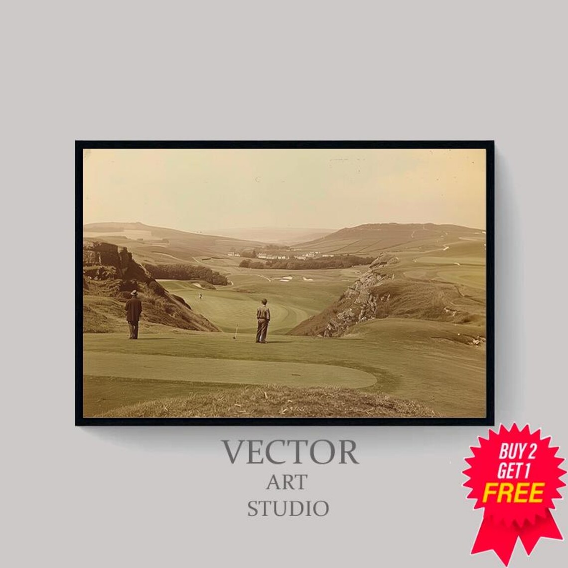 Vintage Sepia Golfers on Hillside Fairway Classic Golf Art Print - Image 4