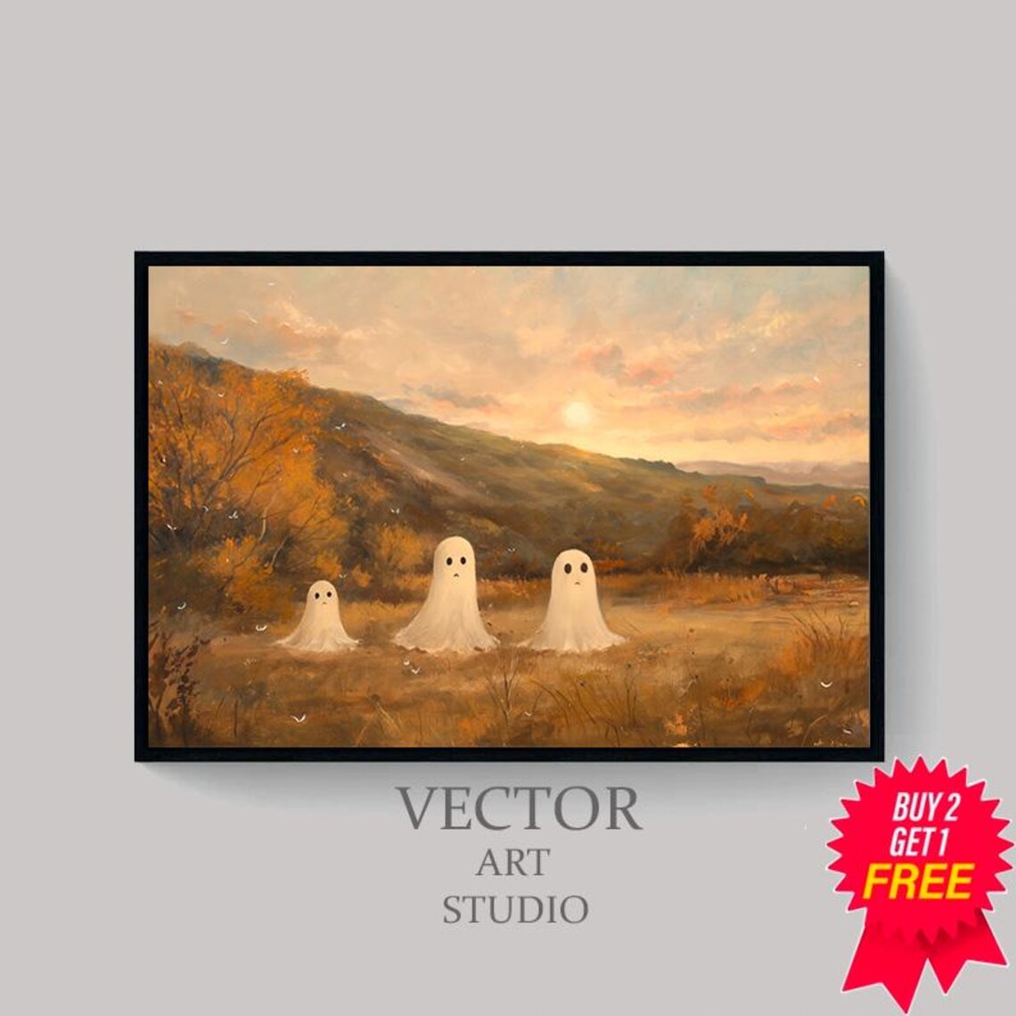 Cute Ghost Family in a Golden Autumn Field at Sunset Halloween Poster - Image 4