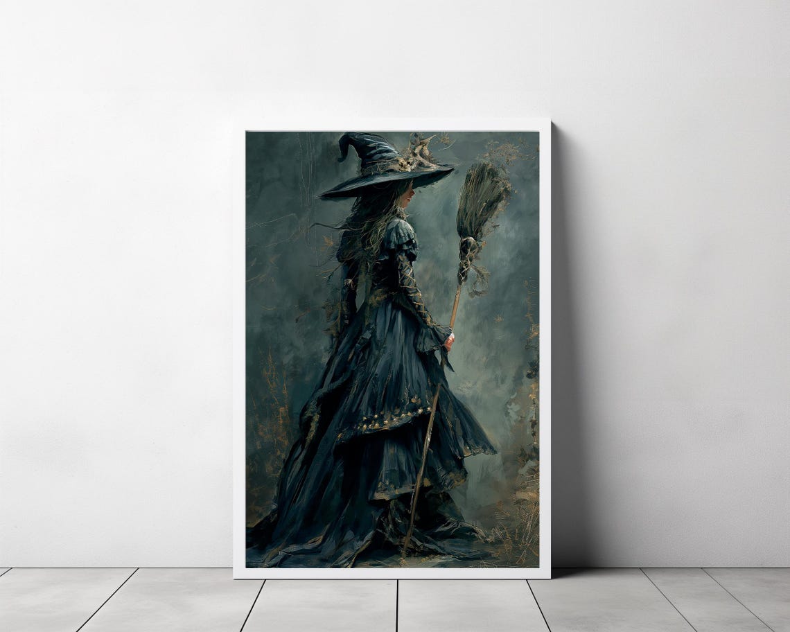 Mysterious Witch Walking Away with Broom Rear View Halloween Poster - Image 3