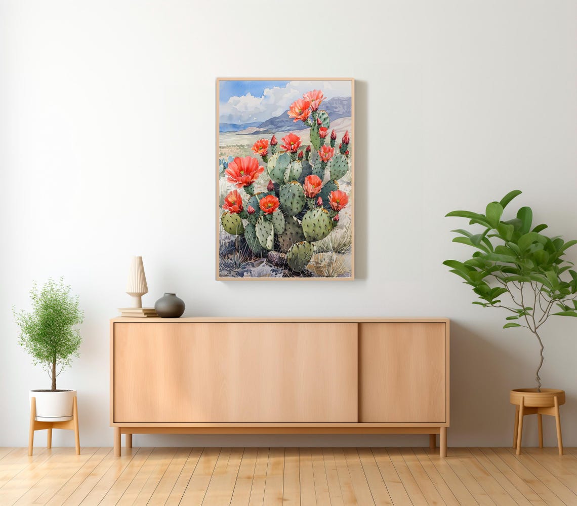 Red Blooming Prickly Pear Cactus with Mountain Vista Watercolor Poster - Image 2