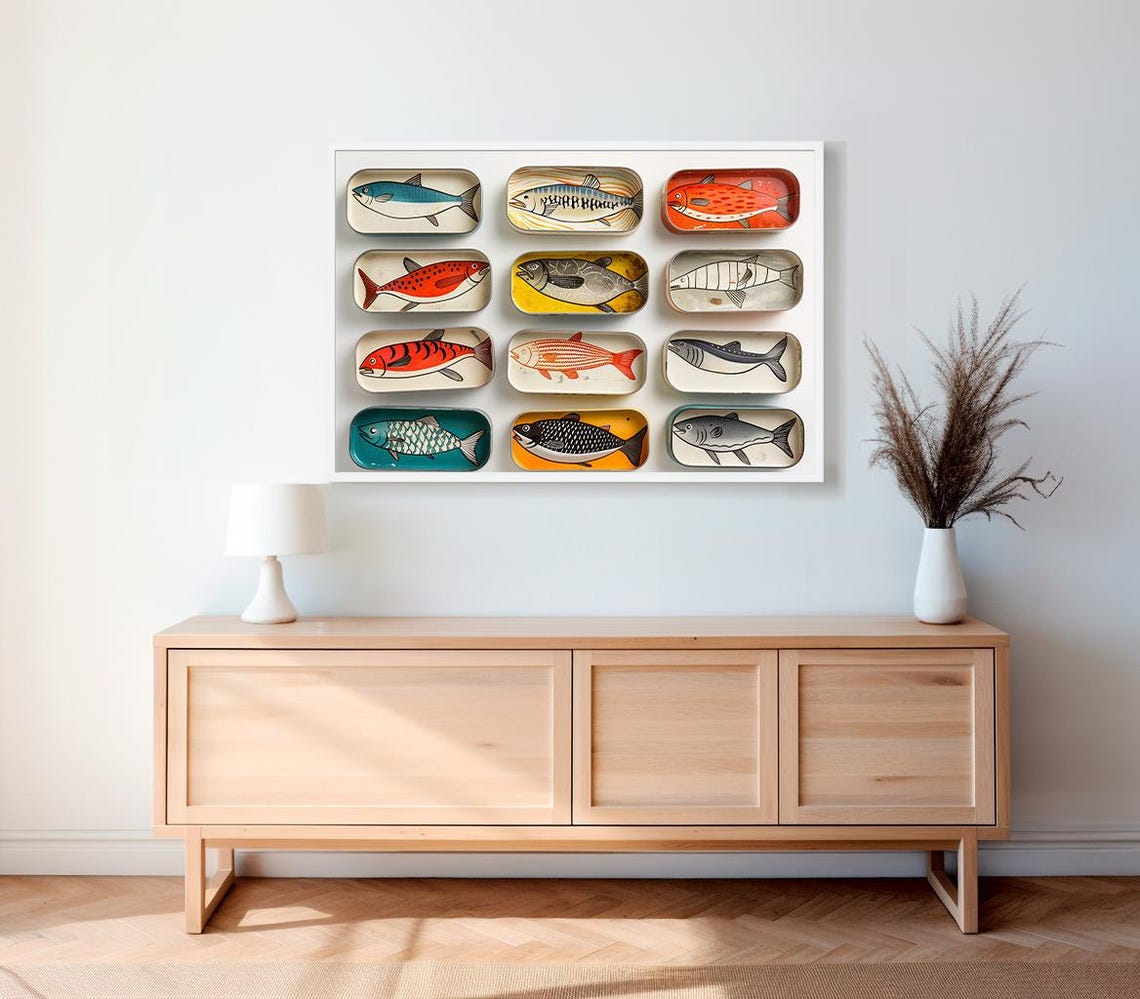 Twelve Painted Fish Sardine Tins in a Grid Kitchen Decor Poster - Image 2