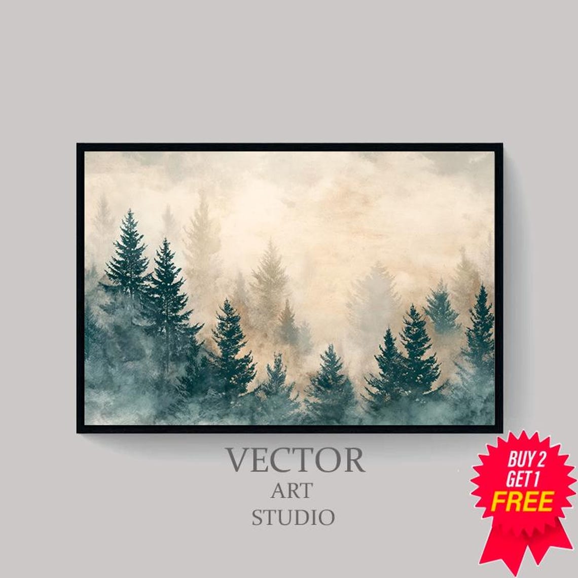 Soft Foggy Pine Forest Fading into Beige Mist in Watercolor Art Poster - Image 4