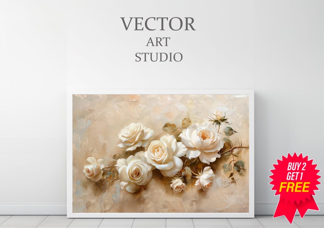 Dreamy White Roses With Buds Soft Neutral Vintage Floral Wall Art - Image 3