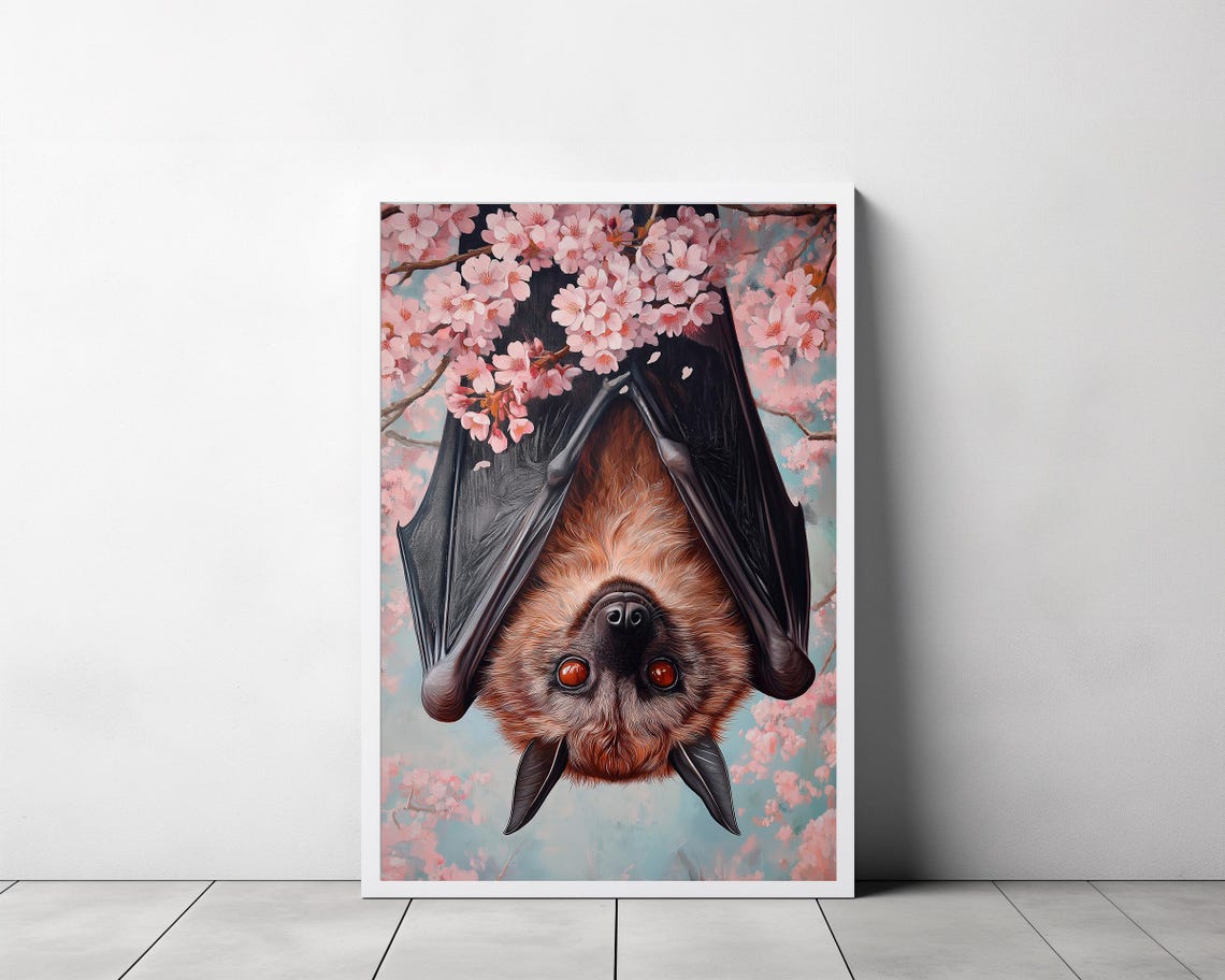 Flying Fox Bat Face Close Up in Cherry Blossoms Painting Poster - Image 3