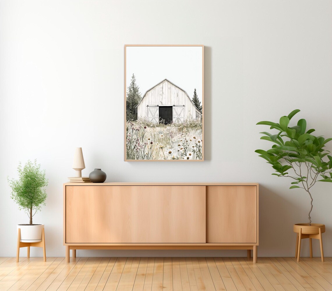 White Wooden Barn Surrounded by a Wildflower Meadow Farmhouse Poster - Image 2