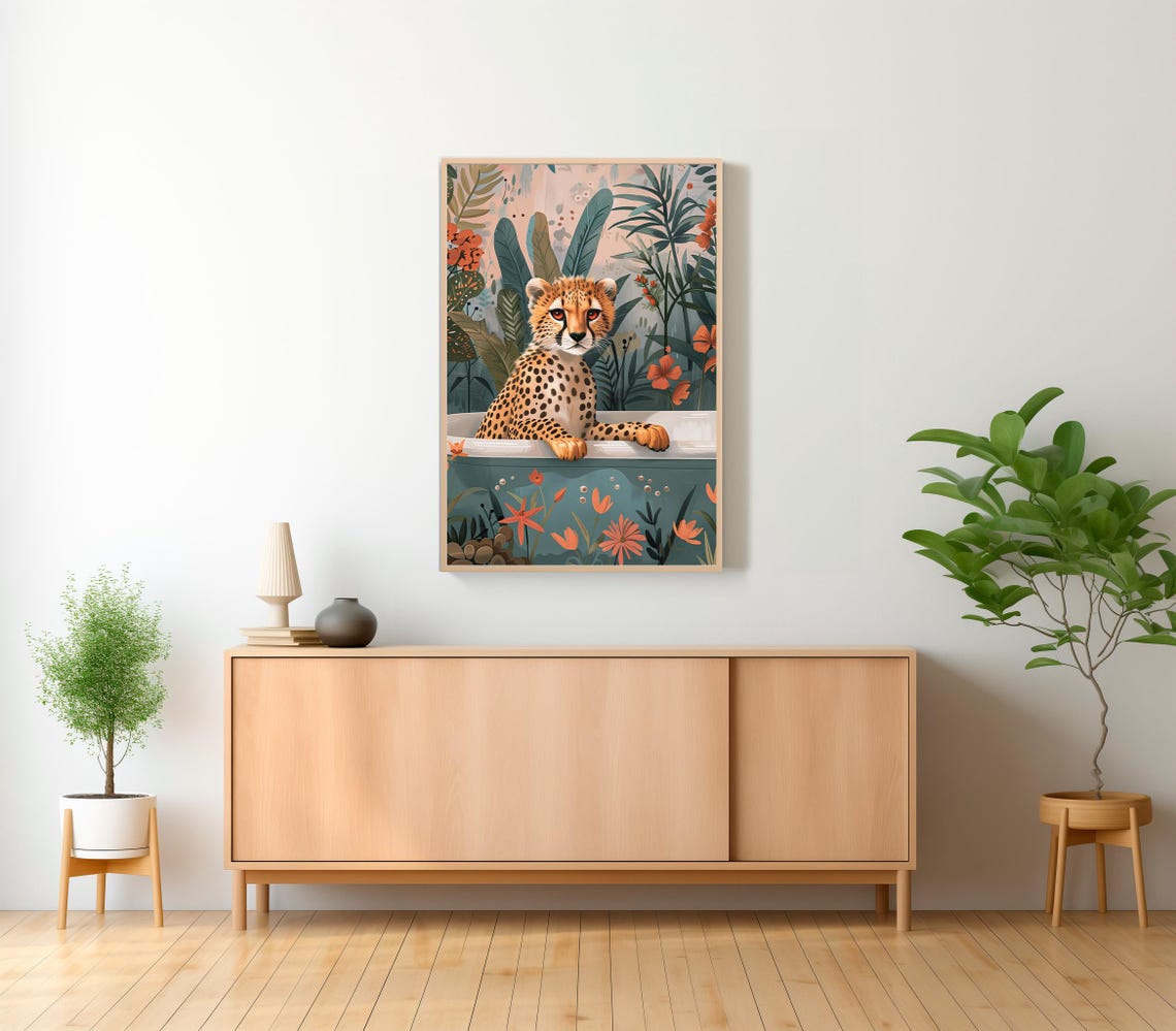 Playful Cheetah Cub Sitting in Bathtub Jungle Botanical Poster - Image 2