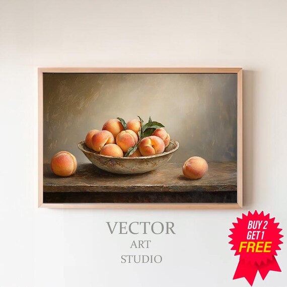 Moody Vintage Fruit Still Life Peaches Oil Painting Collection Tranquil Stillness By Artedya Wall Art