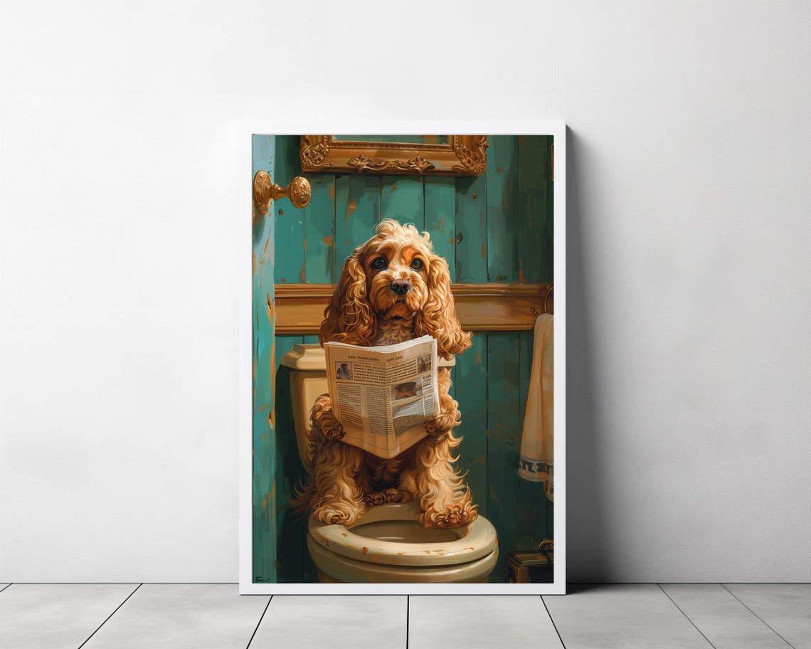 Funny Golden Cocker Spaniel Reading Newspaper on the Toilet Poster - Image 3