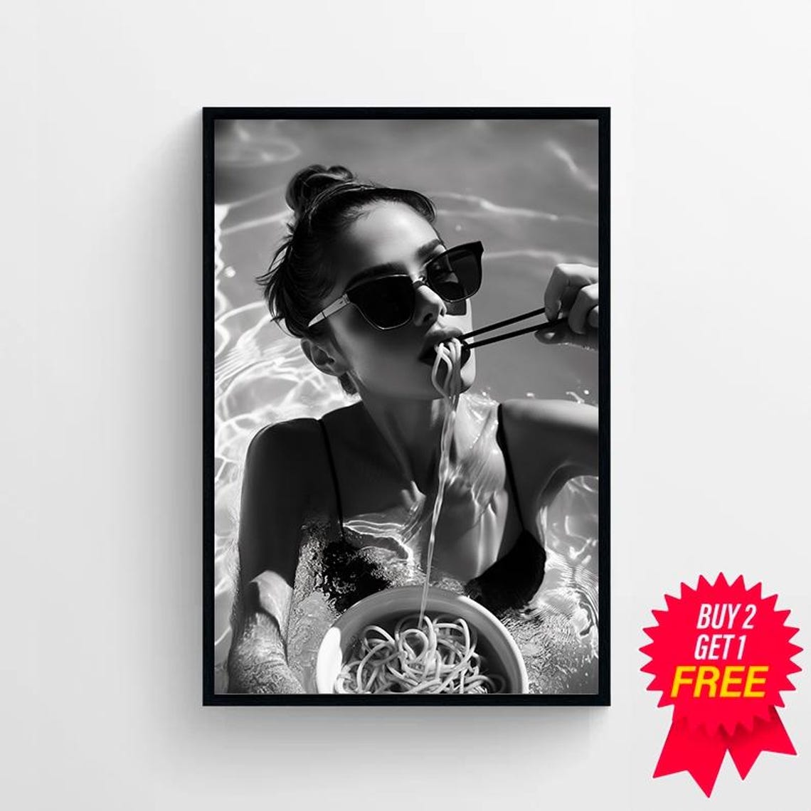 Woman Eating Noodles With Chopsticks In Pool Black White Print - Image 4
