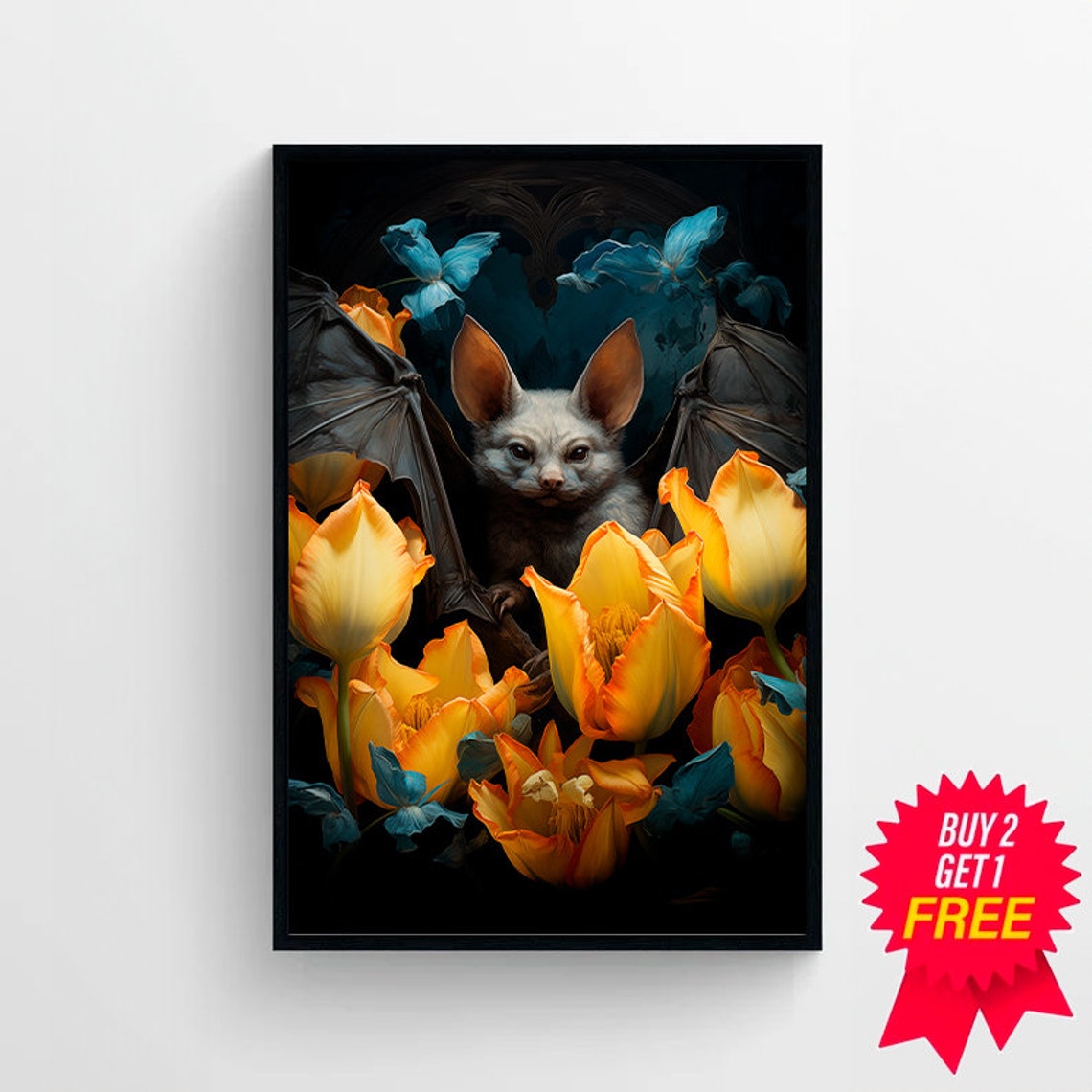 Whimsical Fruit Bat Among Golden Tulips Dark Botanical Art Poster - Image 4