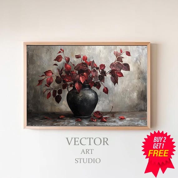 Burgundy Branches Painting Art Moody Floral Art Vintage Fall Artwork