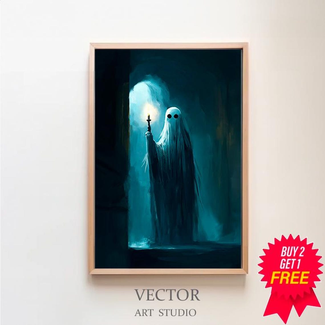 Sheet Ghost Holding a Candle in a Dark Teal Hallway Art Poster