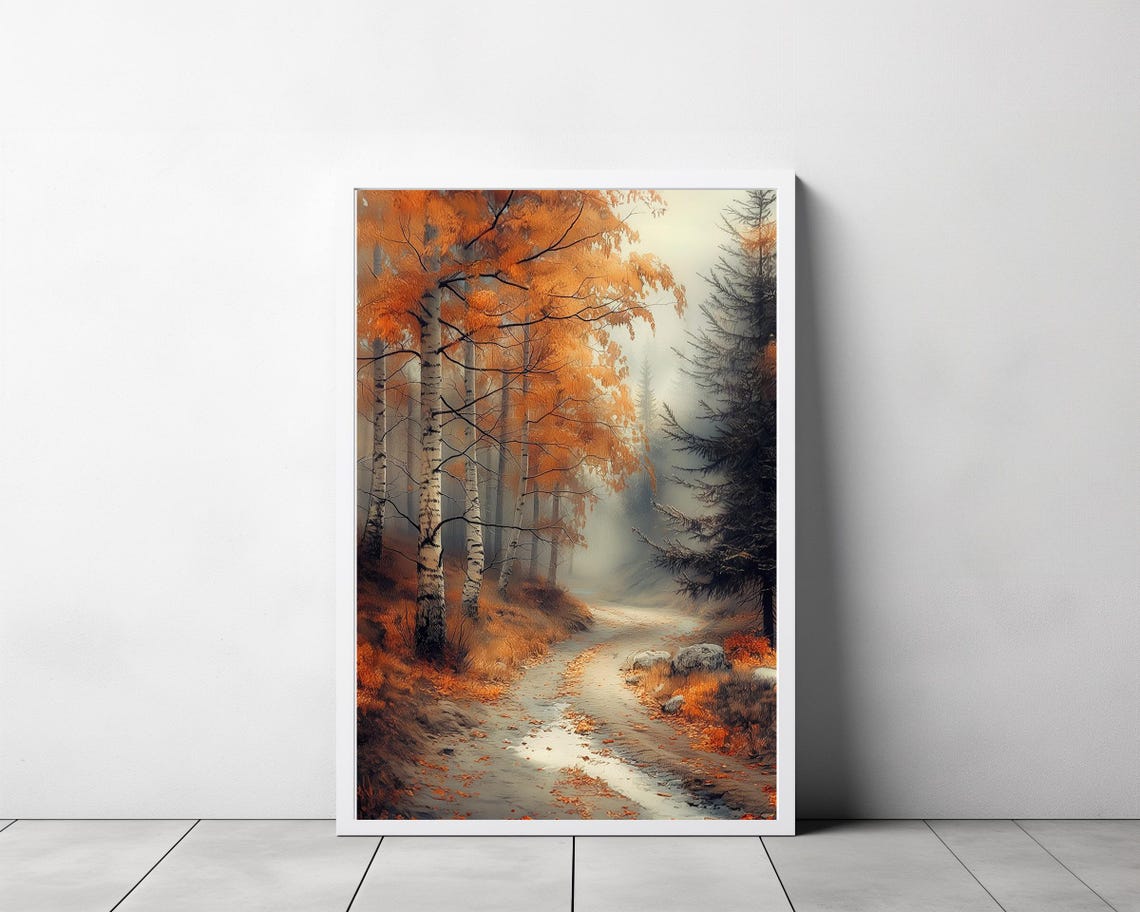 Fiery Orange Birch Tree Avenue Misty Autumn Forest Path Poster - Image 3