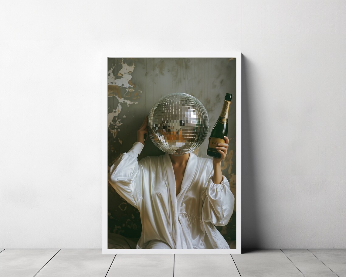 Surreal Woman With Disco Ball Head Holding Champagne Vintage Poster - Image 3