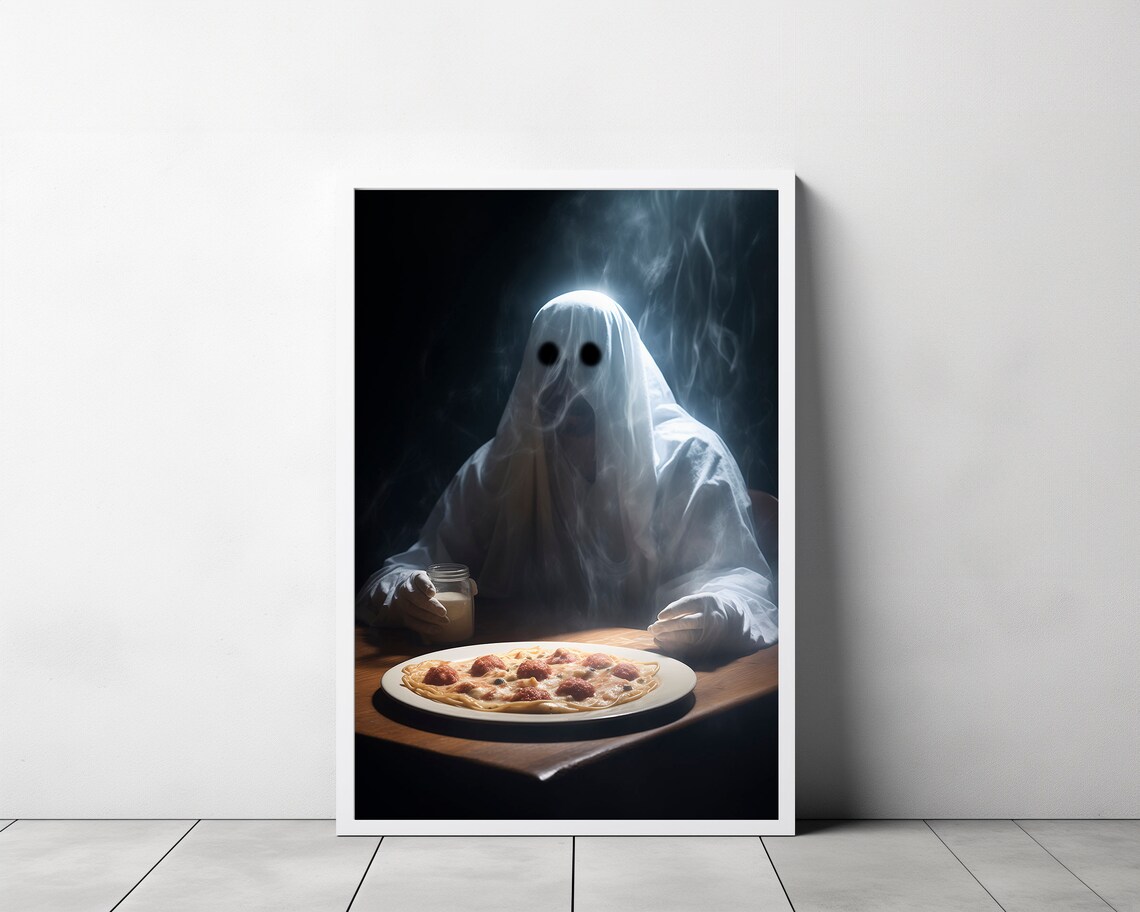 Ghost Eating Pizza in Dark Smoky Room Funny Cute Halloween Poster - Image 3