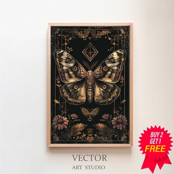 Moth Painting Art Print Dark Cottagecore Artwork Wall Art Witchy Room Decor Art Nouveau Dark Academia Prints