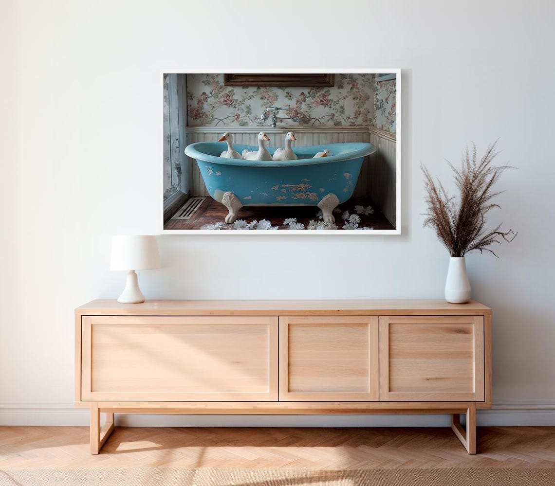 Geese In The Bathtub Oil Painting Funny Bathroom Wall Art Vintage Goose Print Animal In Bathtub Dark Humor Whimsy Animal Art - Image 2