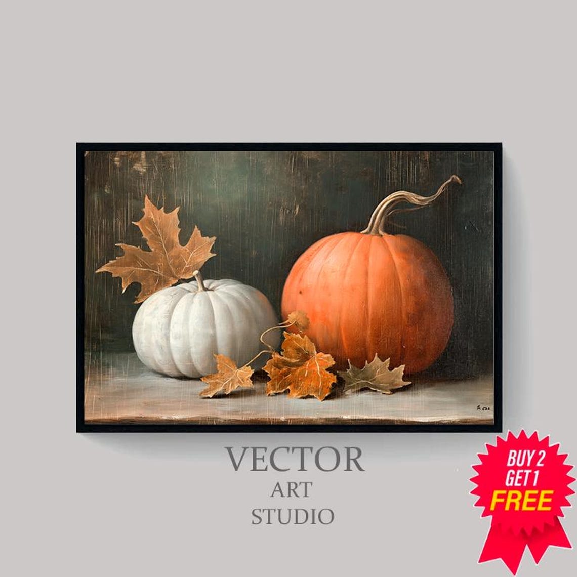 White And Orange Pumpkins With Leaves Dark Still Life Wall Art - Image 4