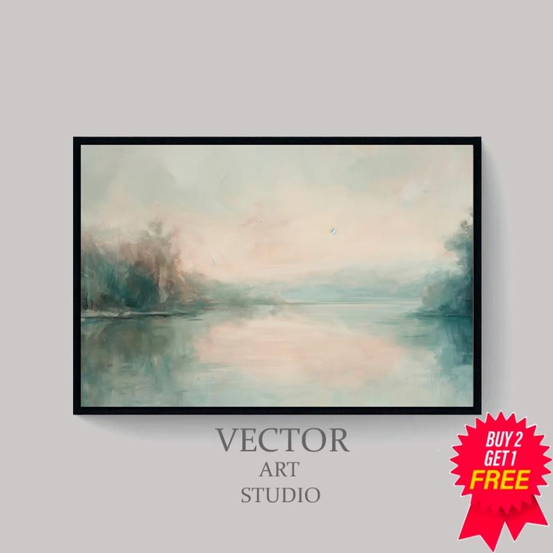 Blush Pink Lake Reflections Under Soft Pastel Sky Landscape Art Poster - Image 4