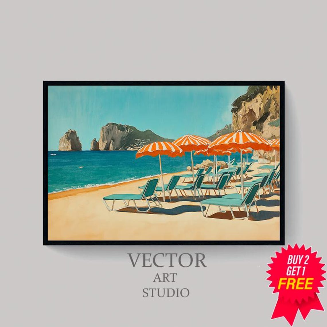 Capri Faraglioni Rocks With Orange Striped Umbrellas Beach Poster - Image 4