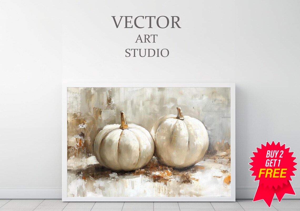Two White Pumpkins in a Neutral Beige Oil Painting Still Life Art Poster - Image 3