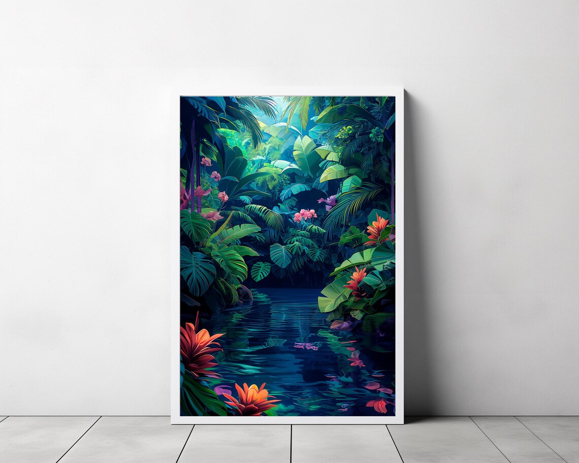 Vibrant Tropical Jungle Stream with Lush Leaves and Flowers Poster - Image 3