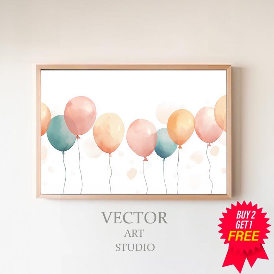 Soft Pastel Teal Pink Balloons Watercolor Birthday Party Art Print