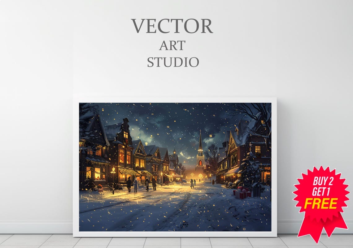 Snowy Main Street Christmas Night Shops Glow Holiday Town Poster - Image 3