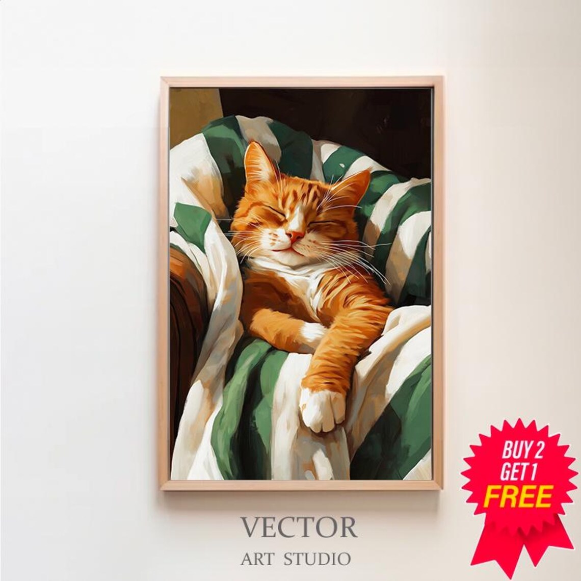 Sleeping Ginger Cat Snuggled in a Green and White Striped Blanket Poster