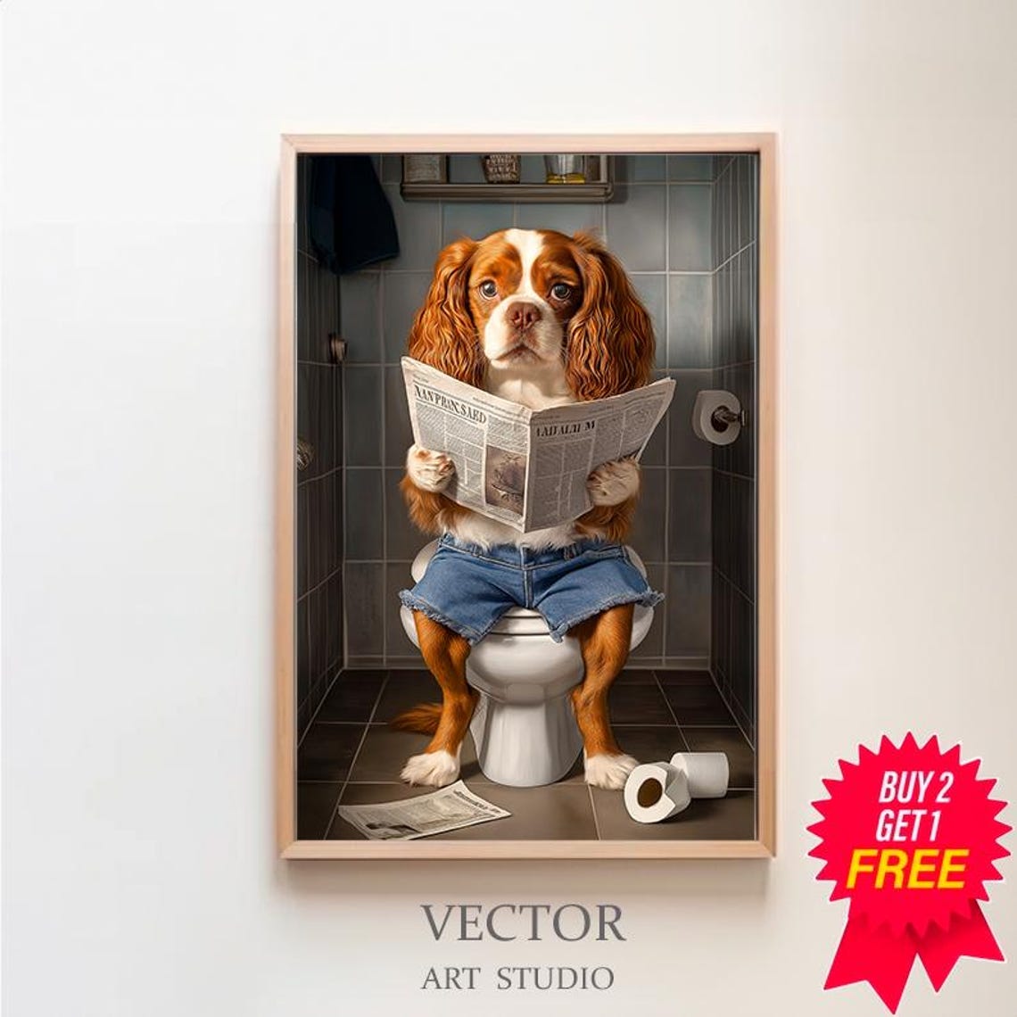Cavalier King Charles Spaniel On Toilet Reading Newspaper Poster