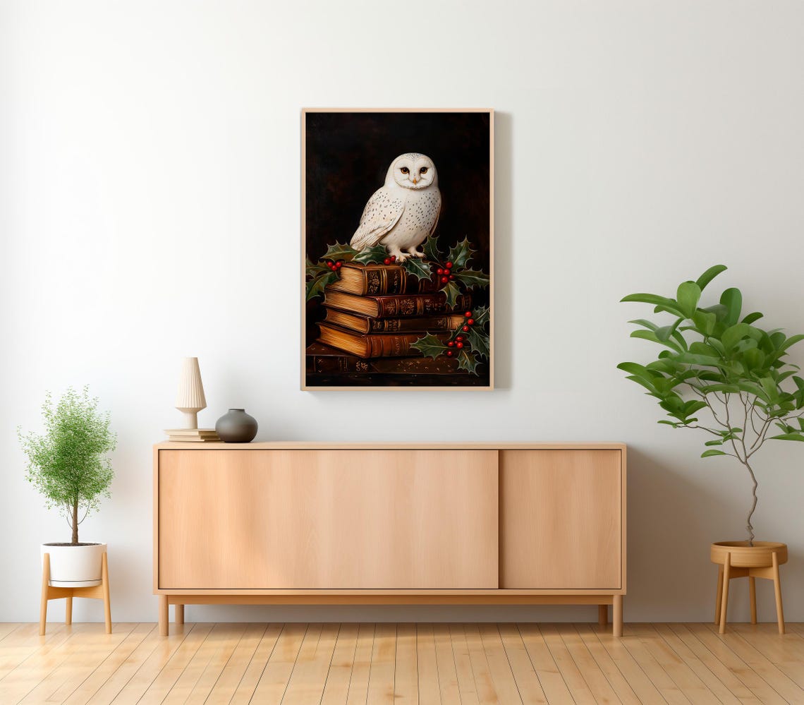 White Barn Owl Perched On Antique Books Dark Academia Holiday Poster - Image 2