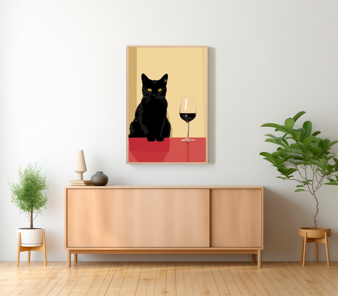 Black Cat Sitting Calmly Beside a Tall Glass of Red Wine Poster - Image 2