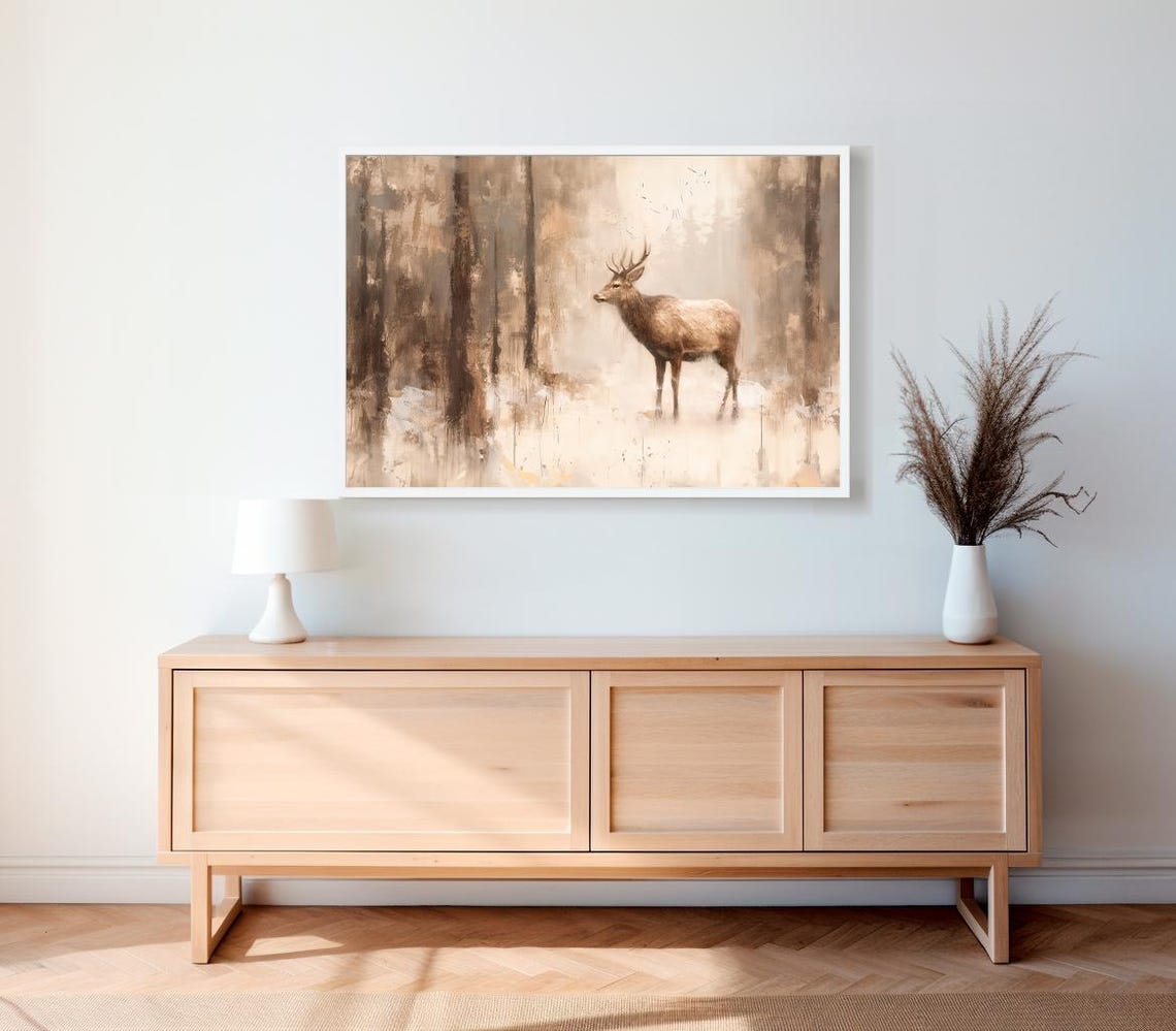 Standing Stag In Misty Beige Forest Vintage Style Deer Poster - Image 2