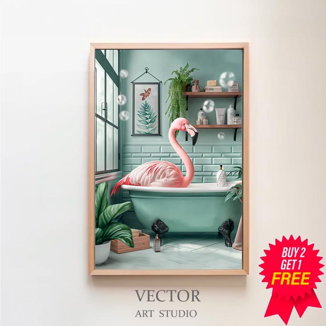 Pink Flamingo Soaking in a Green Bathtub Teal Bathroom Art Poster