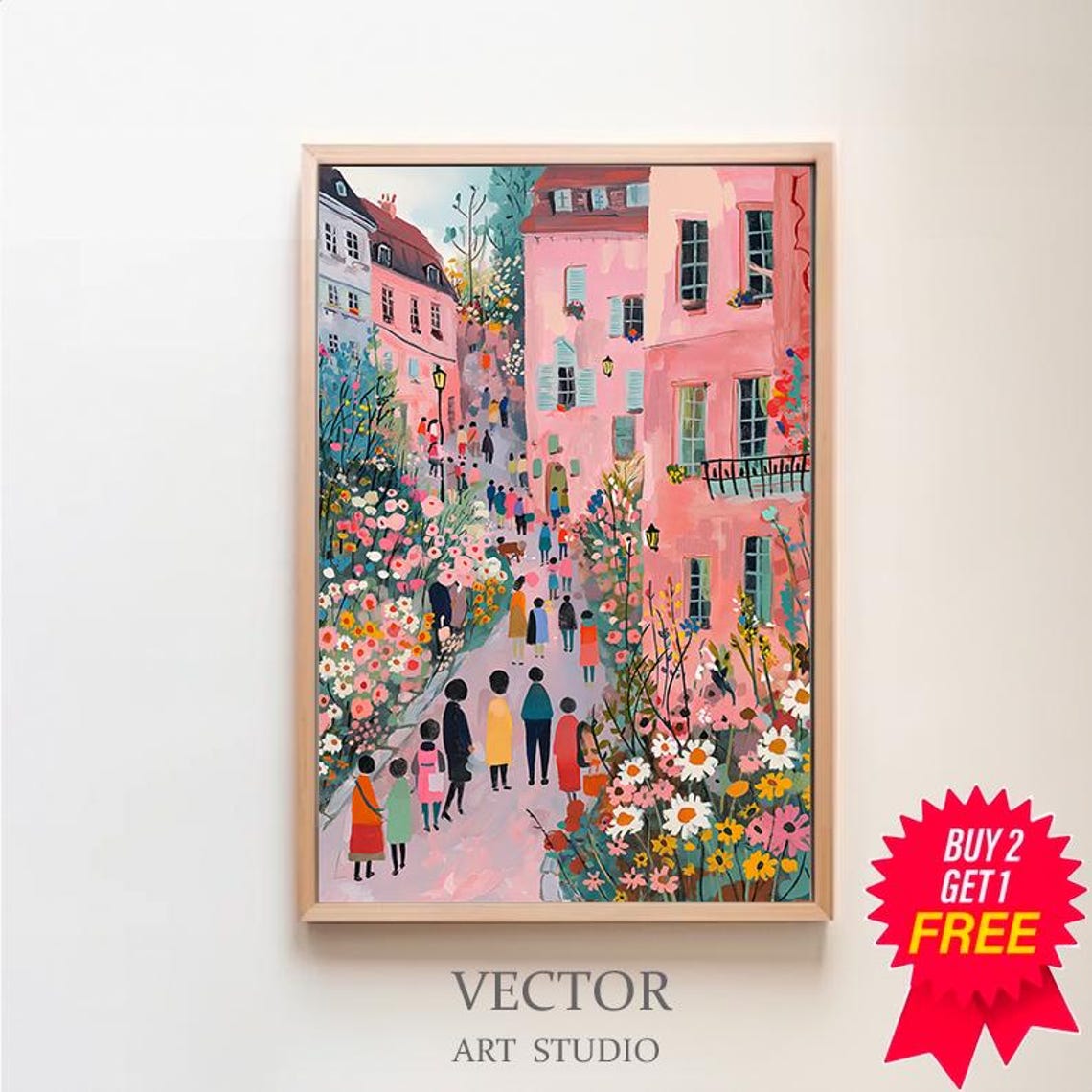 Flower Lined Pink Street with Strolling Crowd Painting Poster
