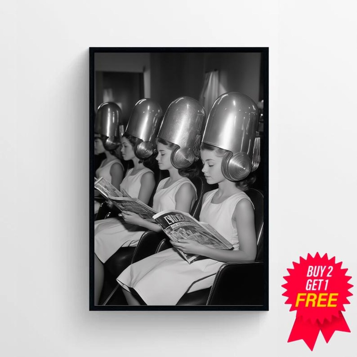 Ladies Under Vintage Salon Hair Dryers Black and White Photo Print - Image 4