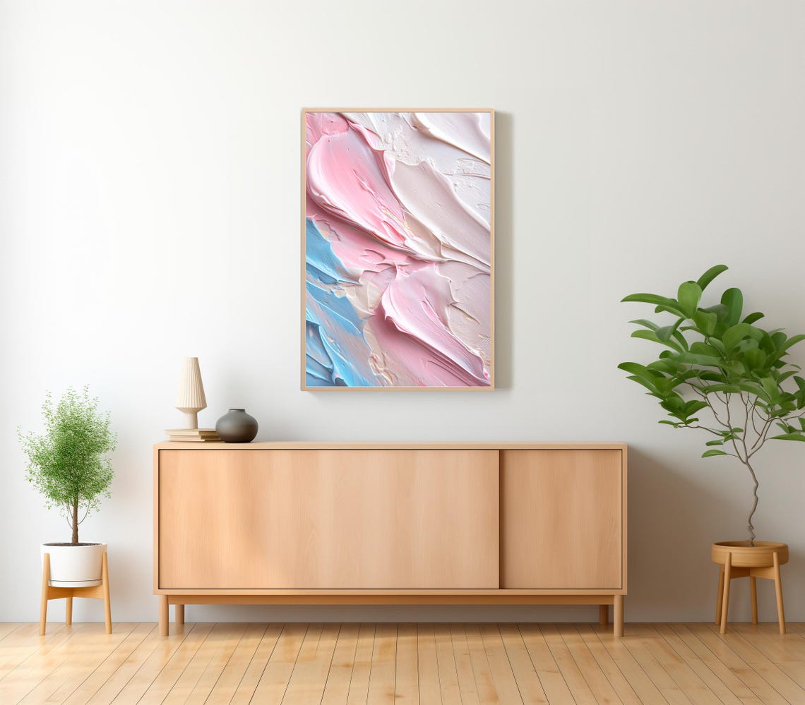 Soft Pastel Pink and Blue Abstract Impasto Textured Wall Art - Image 2