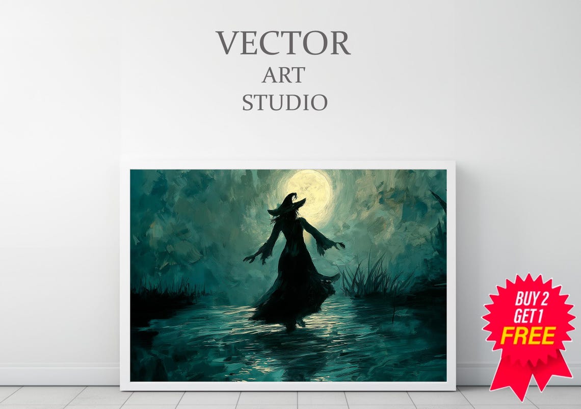 Witch Silhouette Standing in Moonlit Water Halloween Art Poster - Image 3