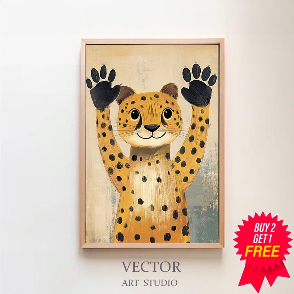 Smiling Cheetah Cub Waving Its Paws on a Warm Nursery Poster