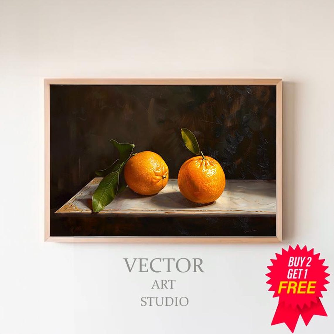 Moody Still Life Oil Painting of Two Oranges with Leaves Poster