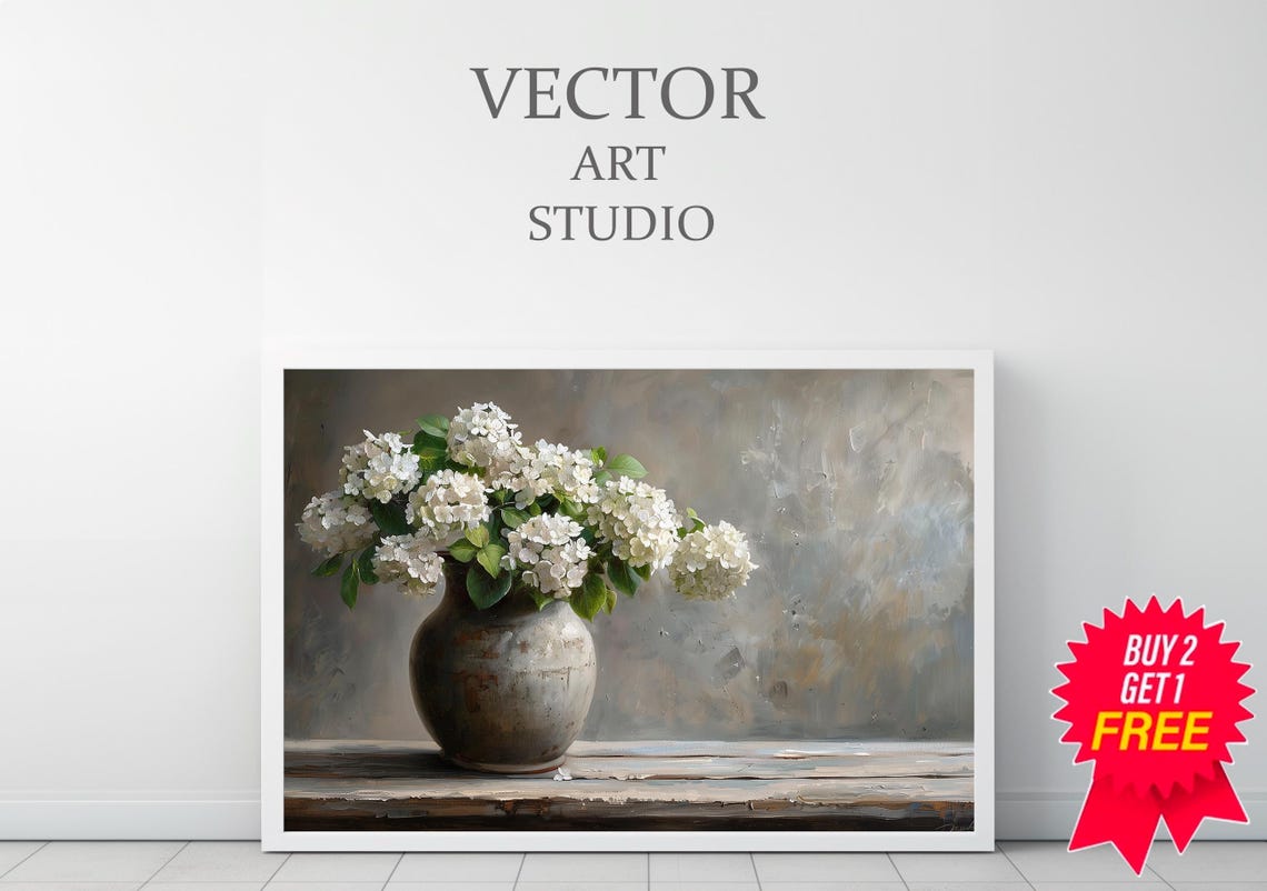 White Hydrangeas in a Rustic Vase on a Wooden Ledge Floral Art Poster - Image 3