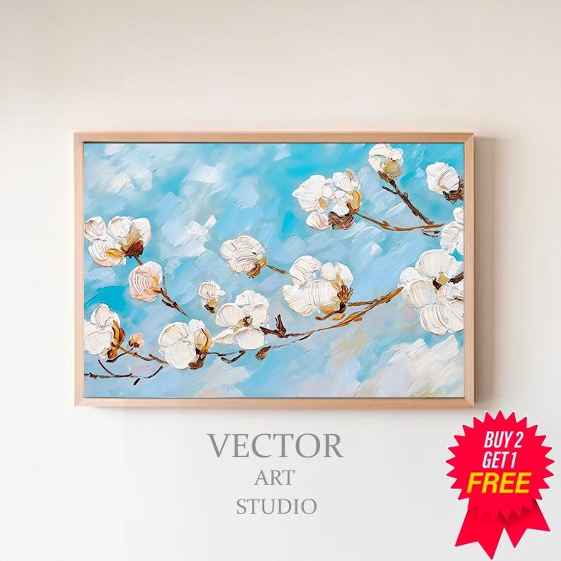 White Blossoms Against Bright Blue Sky Oil Painting Wall Art