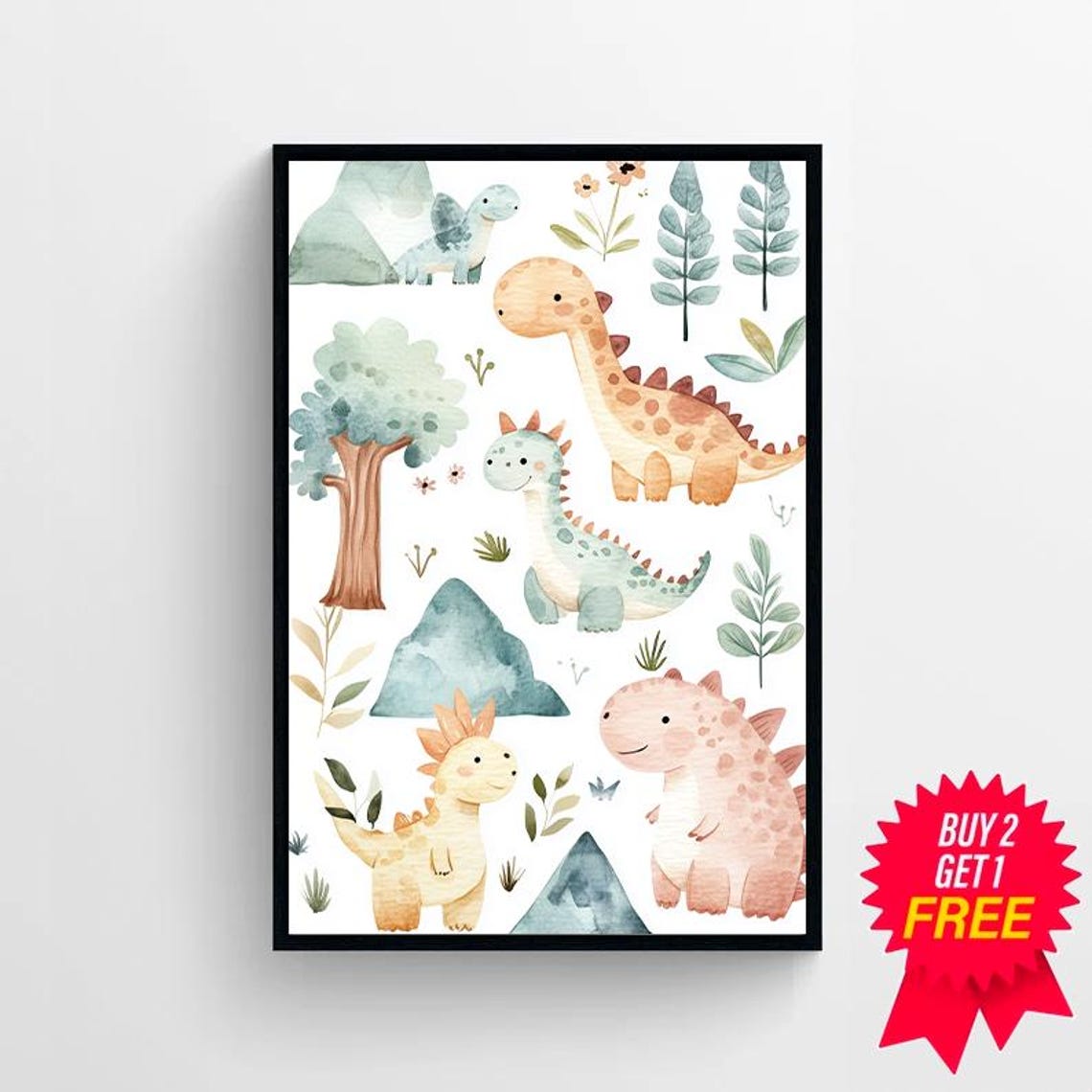 Five Baby Dinosaurs in Soft Pastel Watercolor Nursery Wall Art - Image 4