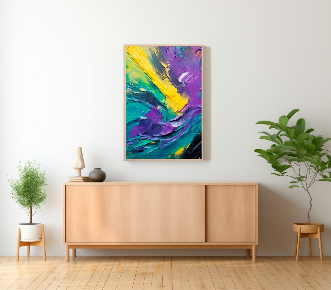 Bold Violet Teal and Golden Yellow Impasto Abstract Painting Poster - Image 2