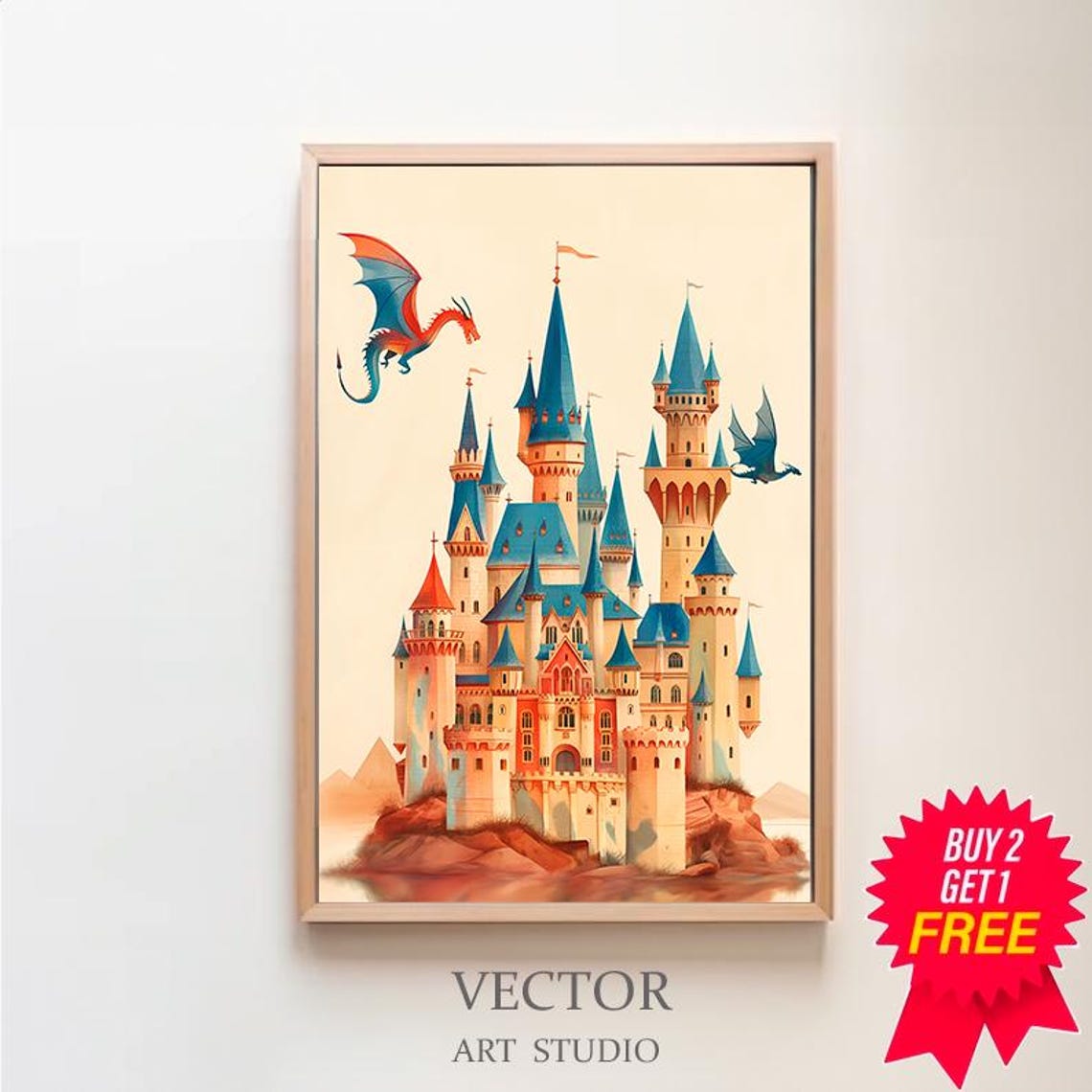 Fantasy Castle And Dragon Print Kids Posters Decor Whimsical Fairytale Art Magical Kingdom Instant Nursery Wall Art