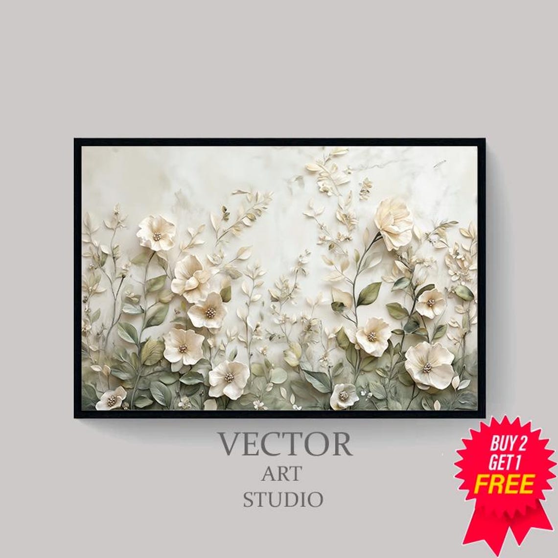 White Wildflowers On Marble Sage Green Textured Floral Poster - Image 4